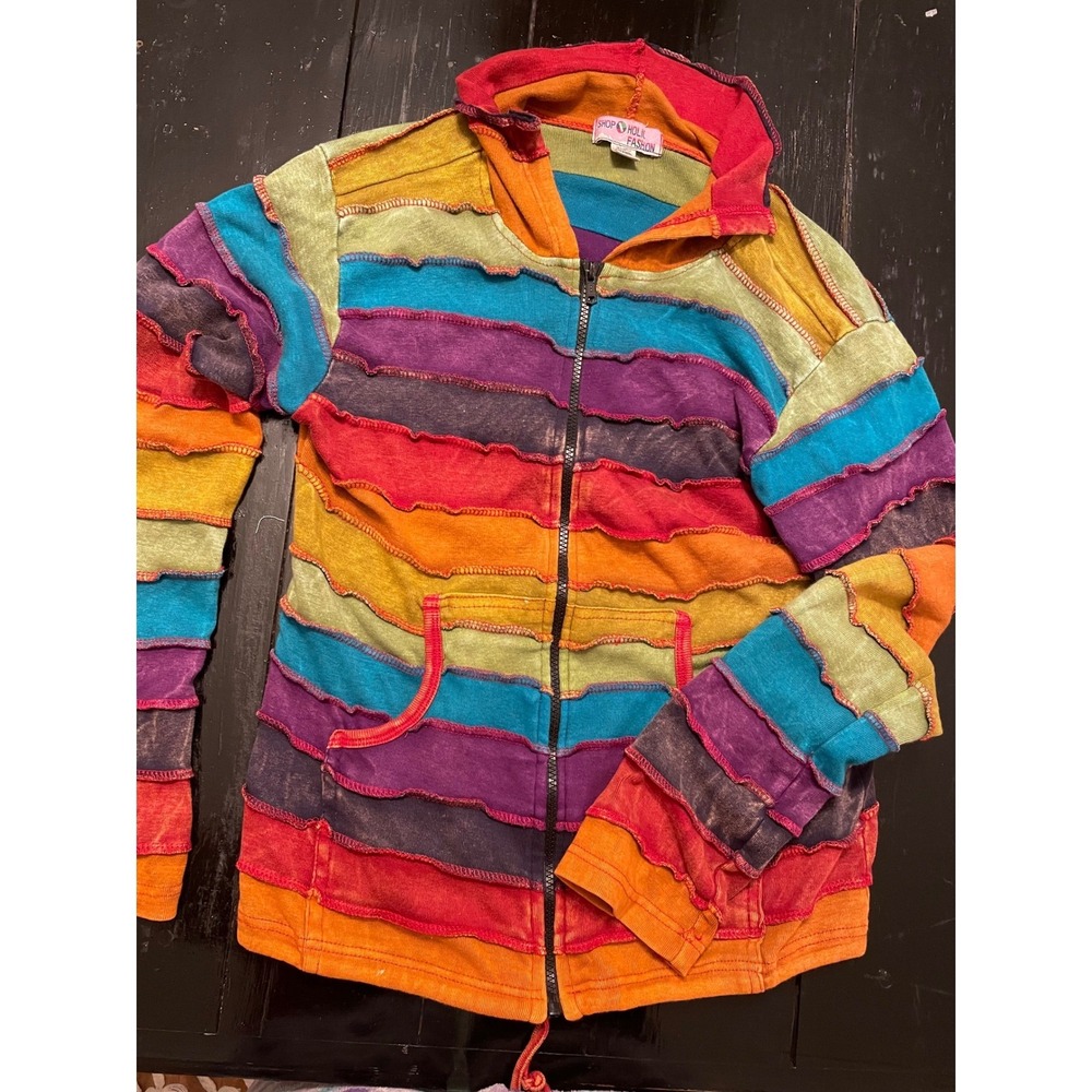 Shopaholic Fashion Rainbow Striped Hoodie Jacket Size L Boho Festival